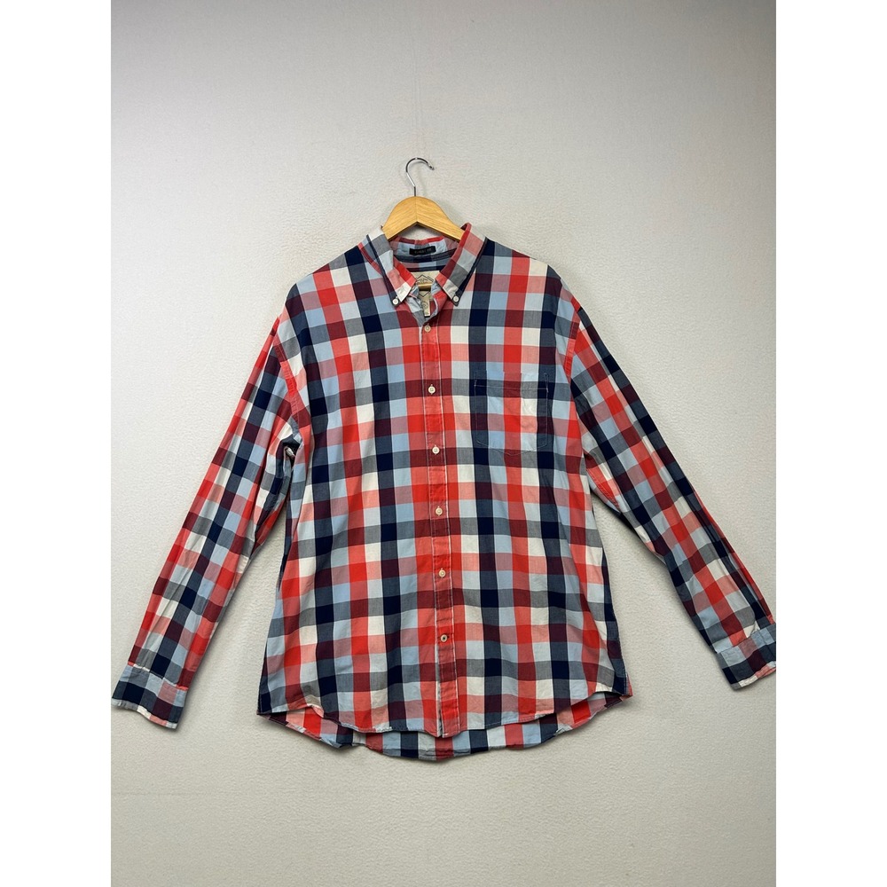 Preppy St. John's Bay Mens XL Red Navy Blue Plaid Classic Fit Button Down Shirt